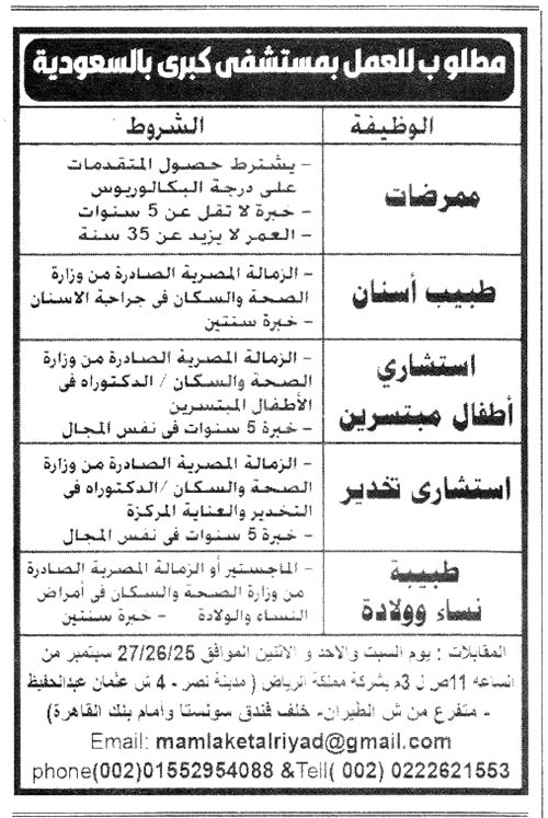 وظائف في السعوديه فورا اطباء وممرضات تعيينات سبتمبر 2021 