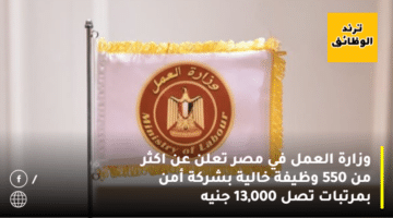 وزارة العمل في مصر تعلن عن اكثر من 550 وظيفة خالية بشركة أمن بمرتبات تصل 13,000 جنيه